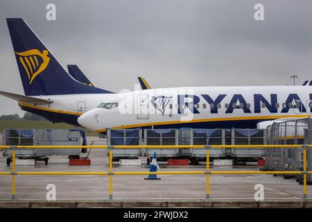 La foto del 14 maggio mostra Ryanair aeromobili e attrezzature ausiliarie parcheggiati presso l'aeroporto di Stansted in Essex.Today la società ha annunciato perdite di £702m. Ryanair ha riportato oggi una perdita annuale record dopo le imposte di £702m dopo che le restrizioni di Covid-19 lo hanno costretto a rottamare oltre il 80% dei voli, ma la compagnia aerea ha detto che ci sono stati segni il recupero era iniziato. Ryanair ha detto che ha volato 27.5 milioni di passeggeri nel suo esercizio finanziario chiuso marzo, in calo rispetto ai 149 milioni dell'anno precedente in quello che ha definito il più impegnativo della sua storia. La compagnia aerea ha ribadito la sua previsione che il numero di passeggeri per il CUR Foto Stock