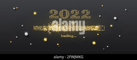 Nuovo 2022 anni è in carica. Barra di avanzamento scintillante. Illustrazione vettoriale con perle e glitter dorato. Illustrazione Vettoriale