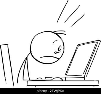 Persona scioccata che lavora in ufficio e guarda computer Display, Vector Cartoon Stick Figura Illustrazione Illustrazione Vettoriale