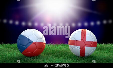 Due palline di calcio in bandiere colori sullo sfondo dello stadio sfocato. Repubblica Ceca e Inghilterra. immagine 3d Foto Stock