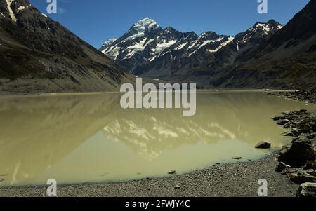 Incredibile scatto del Monte Cook con ghiacciaio e lago con riflessione Foto Stock