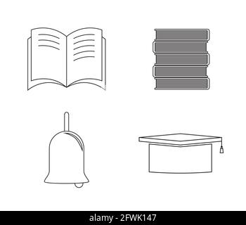 Set in bianco e nero di icone studentesche: Libri impilati, berretto graduato, campana, libro aperto. Illustrazione vettoriale Illustrazione Vettoriale