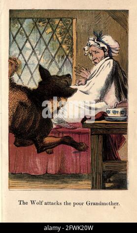 Little Red Riding Hood [una favola europea su una giovane ragazza e un Big Bad Wolf. Le sue origini possono essere ricondotte al XVII secolo a diversi racconti popolari europei, tra cui uno italiano chiamato la falsa nonna. Le due versioni più conosciute sono state scritte da Charles Perrault e The Brothers Grimm]. Dal libro ' UNA torta di mele e altre storie di vivaio : quarantotto pagine di illustrazioni : stampato in colori da Kronheim & Co ' pubblicato da : George Routledge e figli 1870 Foto Stock