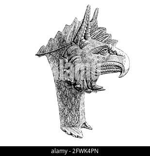 La testa di Griffon, ornamento appartenente al casco di bronzo. Dal libro ' l'età vichinga: La storia, le maniere e le usanze degli antenati delle nazioni anglofoni' di Du Chaillu (Paul Belloni), 1835-1903 Pubblicazione data 1889 dei figli di C. Scribner a New York, Foto Stock