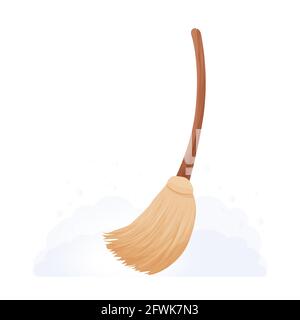 Spazzatrice pavimento in stile cartoon isolato su sfondo bianco, attrezzatura domestica per la pulizia, pulizia scopa sorgo. Illustrazione vettoriale Illustrazione Vettoriale