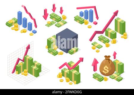 Grafico isometrico monetario. Crescita del reddito, concetto di successo finanziario con denaro, monete, freccia verso l'alto. Crisi economica, il mercato azionario caduta vettore fissato. Analisi dei profitti, aumento e risparmio di reddito Illustrazione Vettoriale