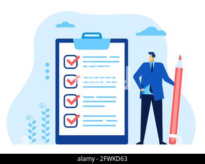 Checklist uomo d'affari. Lavoratore in ufficio con penna che guarda l'elenco di controllo completato. Pianificazione delle attività aziendali di successo, concetto di vettore di raggiungimento degli obiettivi. Assegnazione di un contrassegno o un contrassegno ai dipendenti per le attività eseguite Illustrazione Vettoriale