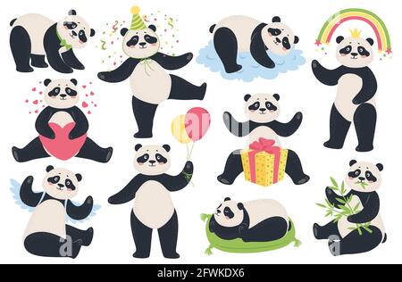 Carino panda. Cartoon divertenti panda mangiare bambù, dormire, sedersi, tenere palloncini. Happy asian Bears mascotte in diverse pose vettore set. Confezione regalo per personaggi, cuore grande, arcobaleno Illustrazione Vettoriale