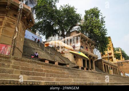 Vista di un ghat tipico (scalini) sulle rive del fiume Gange, Varanasi, India. Questi si estendono per diversi chilometri lungo il fiume. Foto Stock