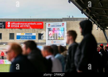 Morecambe, Regno Unito. 23 maggio 2021. Vista generica del tabellone segnapunti durante la partita semifinale del gioco della Sky Bet League 2 tra Morecambe e Tranmere Rovers alla Globe Arena, Morecambe, Inghilterra, il 23 maggio 2021. Foto di Sam Fielding/prime Media Images. Credit: Prime Media Images/Alamy Live News Foto Stock