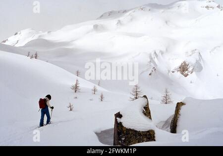 Salendo con gli sci verso il col Serena in Val D'Aosta Foto Stock