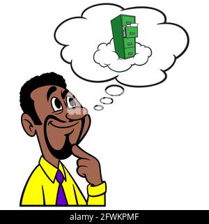Man Thinking About Cloud Storage - un'illustrazione cartoon di un uomo che pensa allo storage cloud per i file. Illustrazione Vettoriale