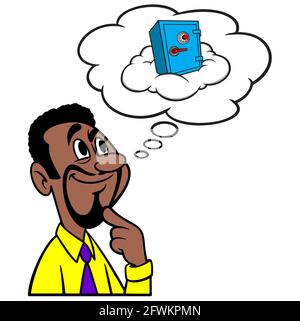 Man Thinking About Cloud Security - un'illustrazione cartoon di un uomo che pensa alla sicurezza del cloud. Illustrazione Vettoriale