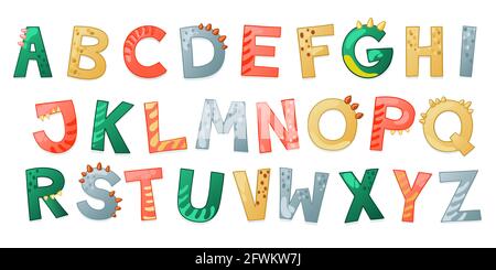 Cartoon cute Dinosaur alfabeto. Carattere Dino con lettere. Illustrazione vettoriale per i bambini per t-shirt, biglietti, poster, eventi di compleanno, disegno di carta, bambini e progettazione di vivai Illustrazione Vettoriale