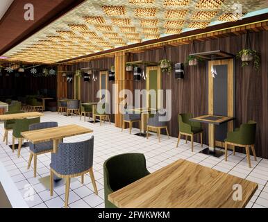 Interno di un ristorante. Rendering 3d di un ristorante con belle luci e attraente design degli interni. Interno di un ristorante o caffè. Foto Stock