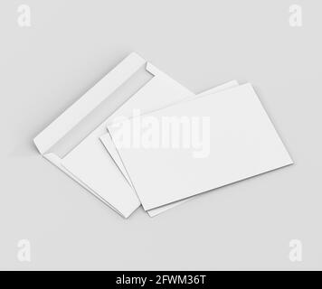 Busta bianca realistica C5/C6 mockup, carta da lettera vuota, modello c5 c6 3d rendering isolato su sfondo grigio chiaro Foto Stock