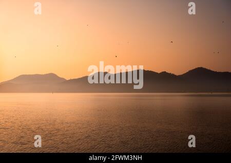 Scenario di alba sulla catena montuosa con nebbia e uccelli Volare nel lago artificiale di Lam Taphoen Foto Stock