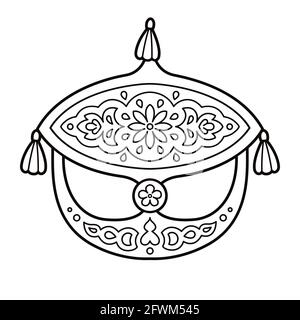 WAU Bulan, tradizionale kite lunare malese, simbolo della Malesia. Disegno a linee in bianco e nero per la colorazione. Immagine vettoriale clip art. Illustrazione Vettoriale