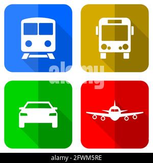 Icone vettoriali di concetto di trasporto, insieme di simboli di treno, autobus, auto e aeroplano in eps 10 Illustrazione Vettoriale