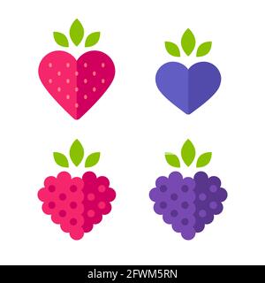 Set di icone di bacche a forma di cuore. Fragola, mirtillo, mora e lampone. Illustrazione vettoriale stilizzata piatta. Illustrazione Vettoriale