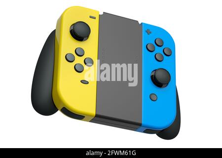 Controller portatili per videogiochi collegati al touch screen su bianco sfondo Foto Stock