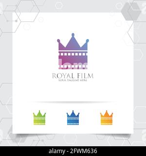 Vettore di logo cinematografico con concetto di design a forma di scenografia e corona per studio di registrazione, produzione di film, regista e intrattenimento. Illustrazione Vettoriale