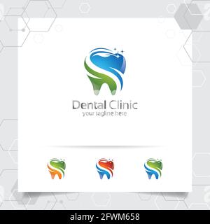 Logo dentista dentista disegno vettoriale con concetto di moderna icona colorata dente . Cura dentale per l'ospedale, il medico, la clinica e la salute. Illustrazione Vettoriale