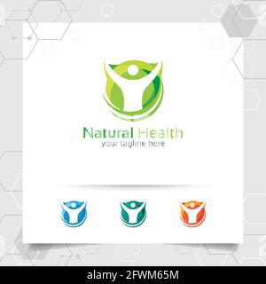 Vettore di disegno del logo di salute naturale con le persone e illustrazione del concetto di ecologia verde. Illustrazione Vettoriale