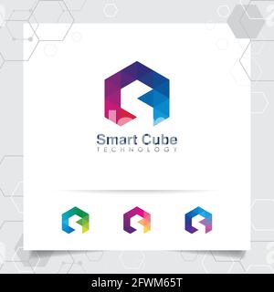 Digital logo letter S design vettoriale con pixel colorati moderni per tecnologia, software, studio, app e business.