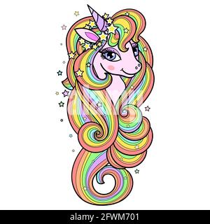 La testa di un unicorno arcobaleno con una lunga mane. Vettore Illustrazione Vettoriale