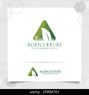Disegno del logo agricolo con concetto di lettere UN'icona e foglie vettore. Logo verde della natura utilizzato per i sistemi agricoli, contadini e piantagioni prod Illustrazione Vettoriale