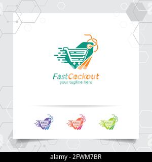 Il concetto vettoriale di disegno del logo di shopping dell'icona di etichetta di prezzo e del simbolo del carrello di acquisto per il negozio in linea, il mercato, il commercio elettronico e il deposito in linea. Illustrazione Vettoriale