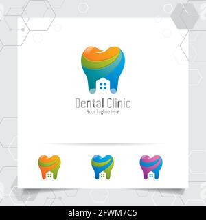 Logo dentista dentista disegno vettoriale con concetto di casa e icona dente . Cura dentale per l'ospedale, il medico, la clinica e la salute. Illustrazione Vettoriale
