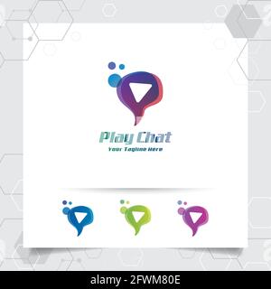 Concetto vettoriale di grafica del logo della chat di fumetto e pulsante di riproduzione . Vettore del logo della chat multimediale per app, comunicazione e community. Illustrazione Vettoriale