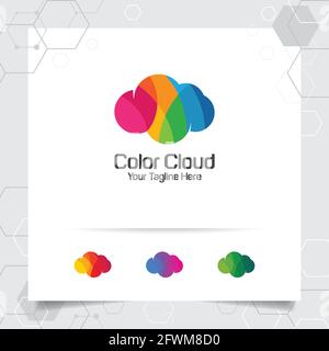 Design vettoriale con logo nuvola a colori con concetto di nuvola colorata. Vettore di icone cloud per aziende, app, cloud hosting e cloud computing. Illustrazione Vettoriale