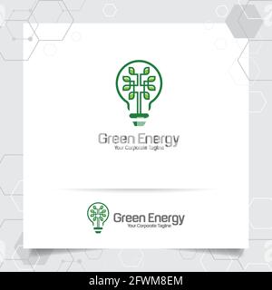 Logo verde di progettazione di bulbo energetico concetto di foglie vettore e icona della lampada. Logo elettrico utilizzato per l'ambiente e il sistema di ecologia. Illustrazione Vettoriale