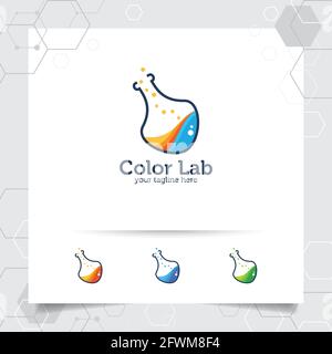 Disegno del logo di laboratorio o di laboratorio concetto vettoriale di bottiglia e formula chimica icona illustrazione per scienziati, ricerca, e test medici. Illustrazione Vettoriale