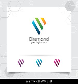 Vettore di disegno del logo della gioielleria diamantata con concetto di colore dei pixel digitali. Illustrazione vettoriale di una gemma di cristallo astratta. Illustrazione Vettoriale