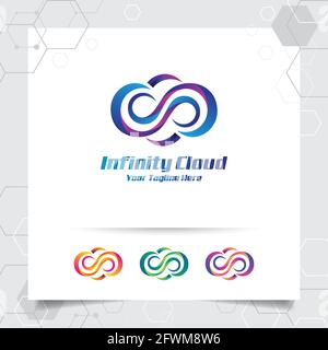 Design vettoriale con logo cloud con concetto di nuvola e colorato stile moderno. Logo vettoriale cloud per app, hosting, server e archiviazione cloud. Illustrazione Vettoriale