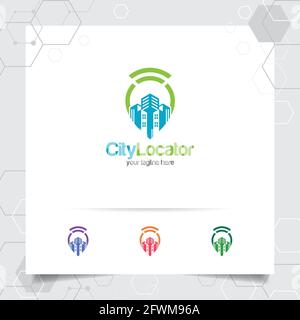 Vettore del logo City Locate con il concetto di localizzatore di mappe puntate e design del simbolo del paesaggio urbano wifi per viaggi, guida locale, gps e tour. Illustrazione Vettoriale
