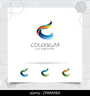 Vettore di progettazione C con logo digitale con pixel colorati moderni per tecnologia, software, studio, app e business. Illustrazione Vettoriale