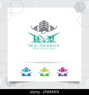 Vettore di disegno del logo della proprietà con il concetto di affare e scuotimento della mano. Vettore di logo per hotel, residence, costruzioni e contratti Illustrazione Vettoriale
