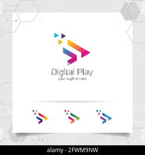 Vettore di progettazione del logo di Media Play con il concetto di triangolo colorato e icona a freccia per studio musicale, applicazione e multimedia. Illustrazione Vettoriale