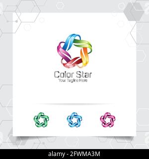 Concetto di design del logo STAR del simbolo del loop connesso , logo vettoriale a stella colorato utilizzato per la stampa, lo studio e la tecnologia. Illustrazione Vettoriale