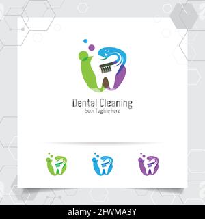 Logo dentista dentista disegno vettoriale con concetto di spazzolino da denti e icona dente . Cura dentale per l'ospedale, il medico, la clinica e la salute. Illustrazione Vettoriale
