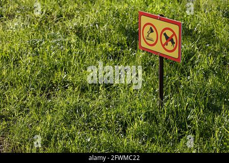 cartello giallo con applicazione chimica, nessun cane o animale domestico sfondo verde del prato - primo piano con messa a fuoco selettiva Foto Stock