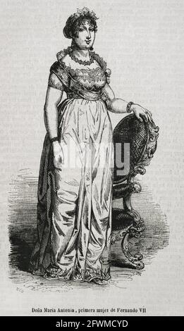 Maria Antonia di Napoli e Sicilia (1784-1806). Principessa delle Asturie come prima moglie di Ferdinando, Principe delle Asturie (futuro Re Ferdinando VII di Spagna). Incisione di Rico. Historia Generale de España di Padre Mariana. Madrid, 1853. Foto Stock