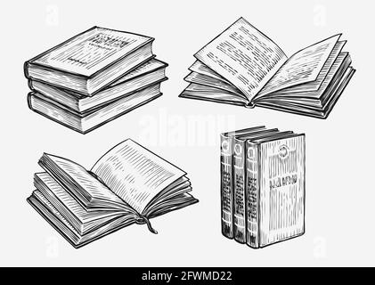 I libri impostano lo schizzo. Illustrazione vettoriale vintage del concetto di istruzione Illustrazione Vettoriale