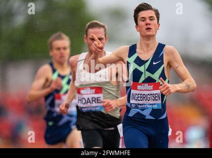 Gateshead, Regno Unito. 23 maggio 2021; Gateshead International Stadium, Gateshead, Tyne and Wear, Inghilterra; Muller Diamond League Grand Prix Athletics, Gateshead; Jakob Ingebrigtsen vince il Mens 1500m Credit: Action Plus Sports Images/Alamy Live News Foto Stock