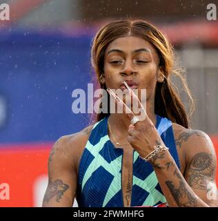 Gateshead, Regno Unito. 23 maggio 2021; Gateshead International Stadium, Gateshead, Tyne and Wear, Inghilterra; Muller Diamond League Grand Prix Athletics, Gateshead; Shaa'Carri Richardson prima delle finali di 100 metri Credit: Action Plus Sports Images/Alamy Live News Foto Stock